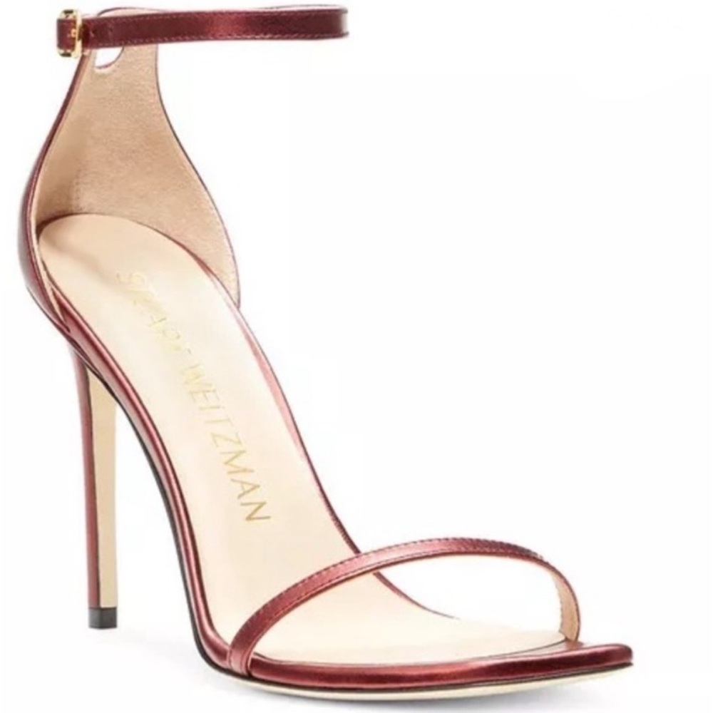 Stuart Weitzman Nudist Curve 100 Metallic Red- Ankle Strap Heels-size 7.5 /38